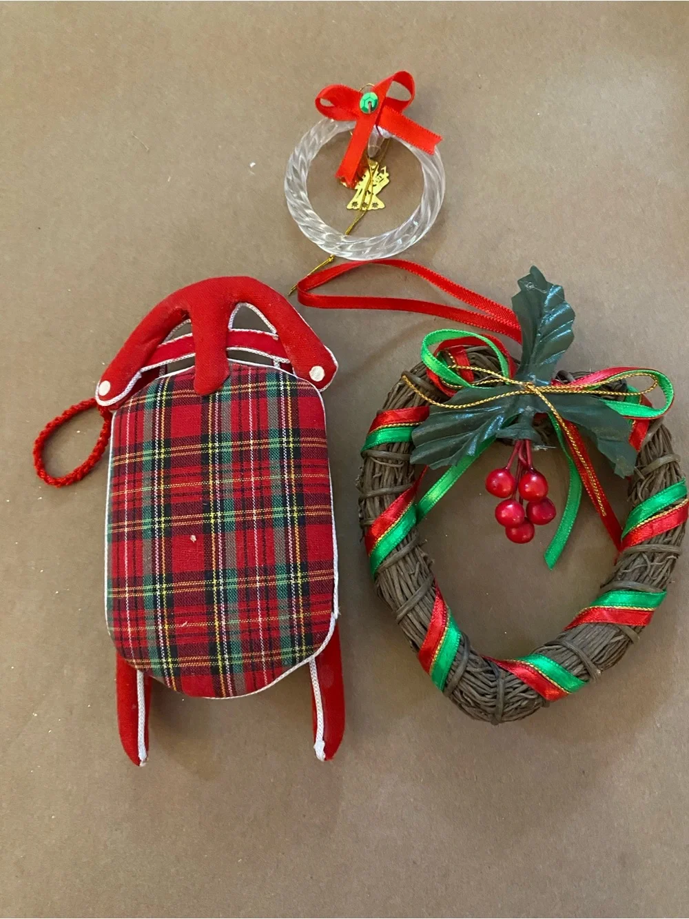 Vintage Red / Green Christmas Ornaments set of 3, wreaths / stuffed sled Trad.